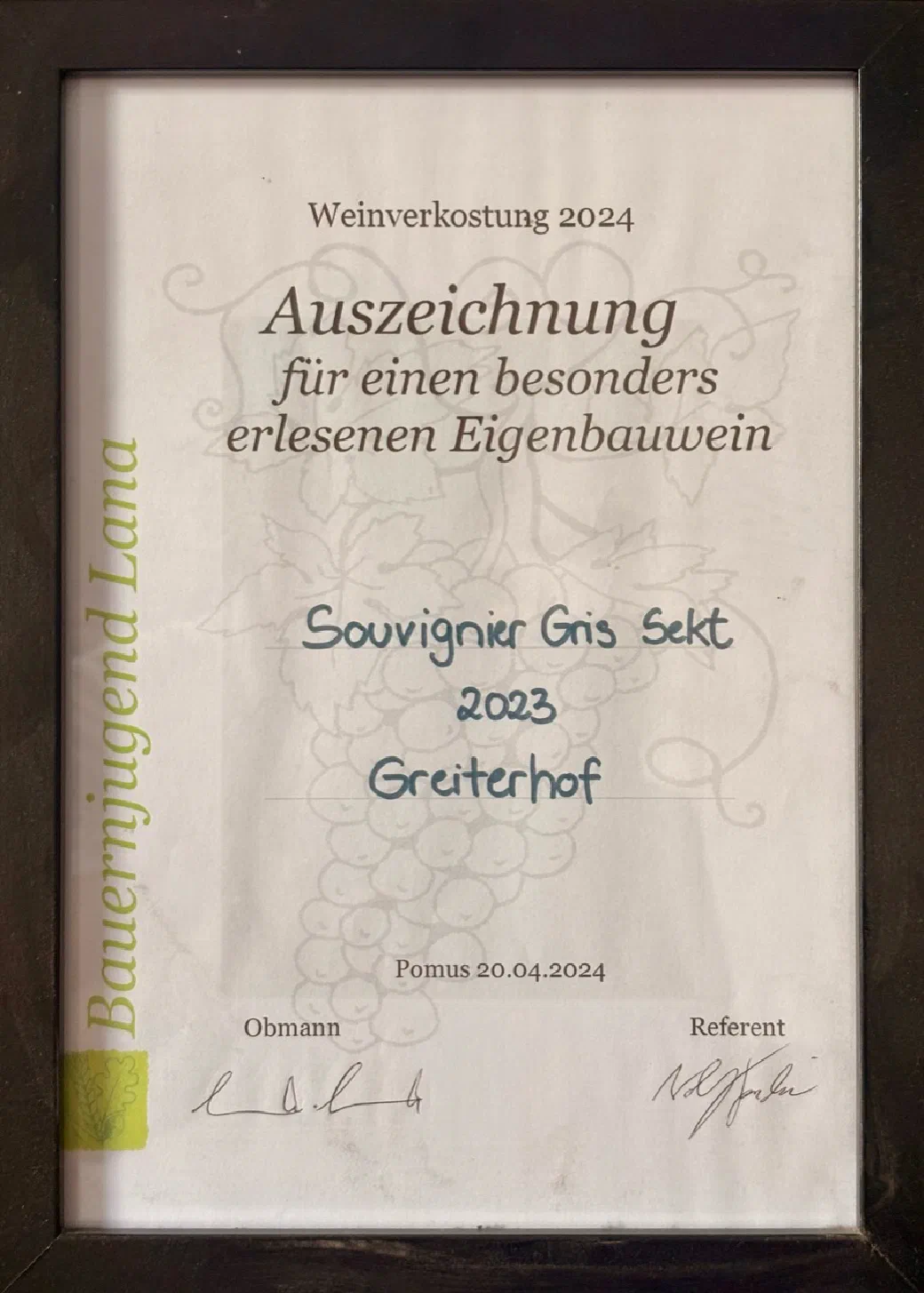 Urkunde der Weinverkostung 2024 für den Souvignier Gris Sekt 2023 vom Greiterhof